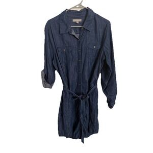 Banana Republic Dress Womens Size 14 Chambray Long Roll Tab Button Belted Blue